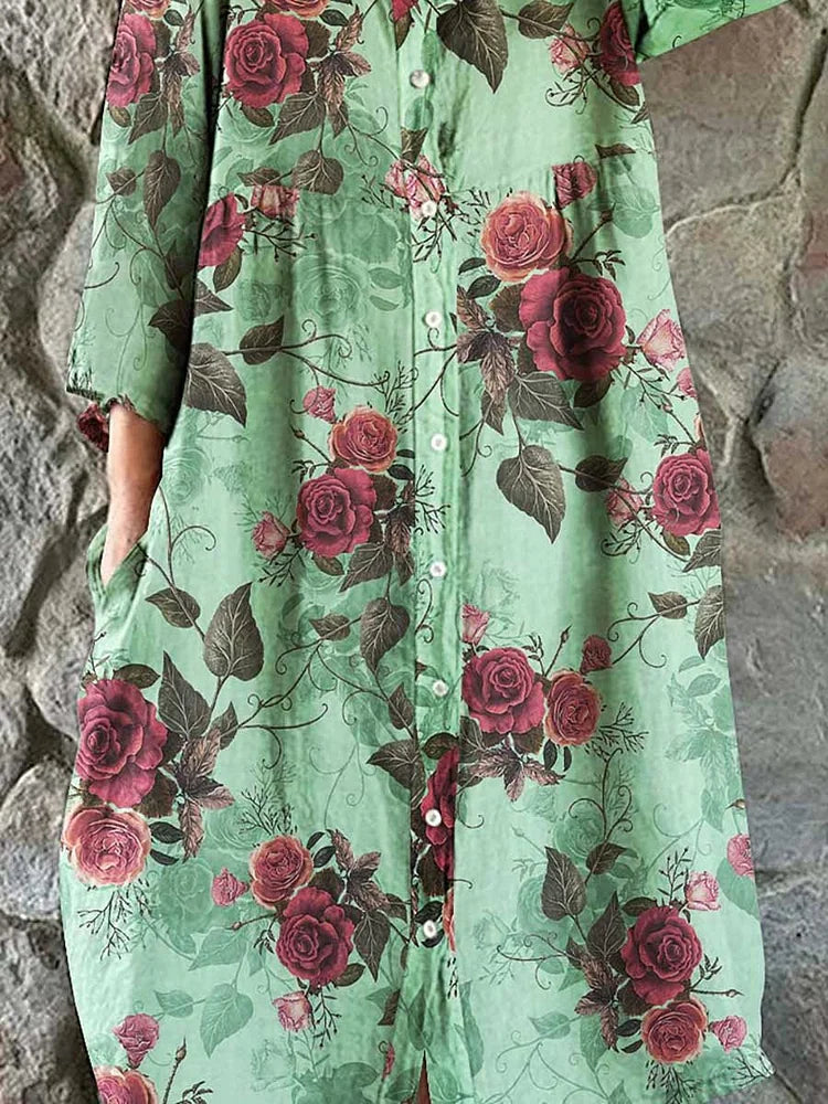 Women's Elegant Vintage Floral Print Shirt Style Cotton and Linen Dress