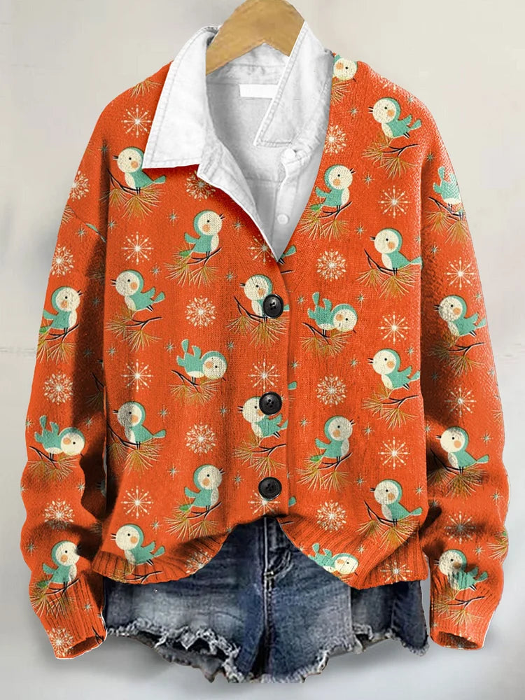 Vintage Cute Christmas Art Print Buttoned V-neck Cardigan Sweater