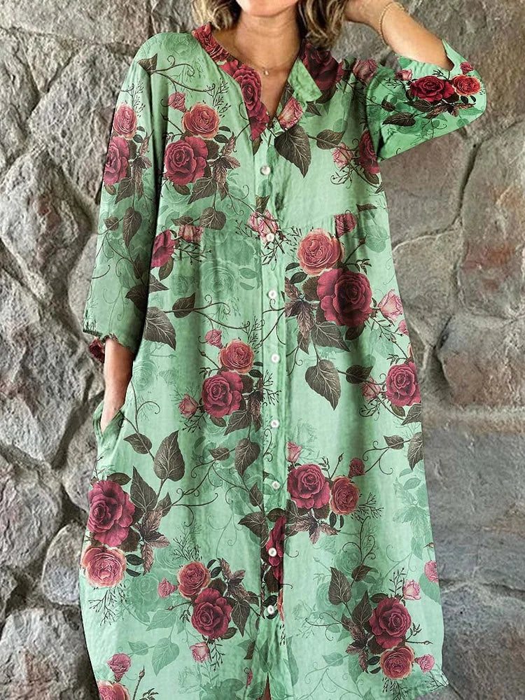 Women's Elegant Vintage Floral Print Shirt Style Cotton and Linen Dress