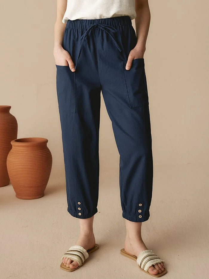 Women'S Linen Simple Button Cropped Pants