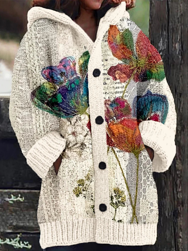 Floral & Lace Patchwork Pattern Cozy Hooded Cardigan