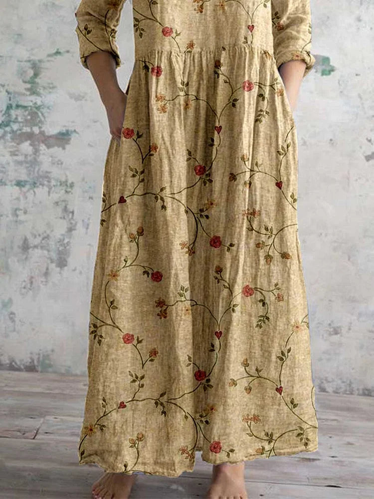 Women's V-neck Elegant Simple Floral Pattern Cotton And Linen Dress With Pockets