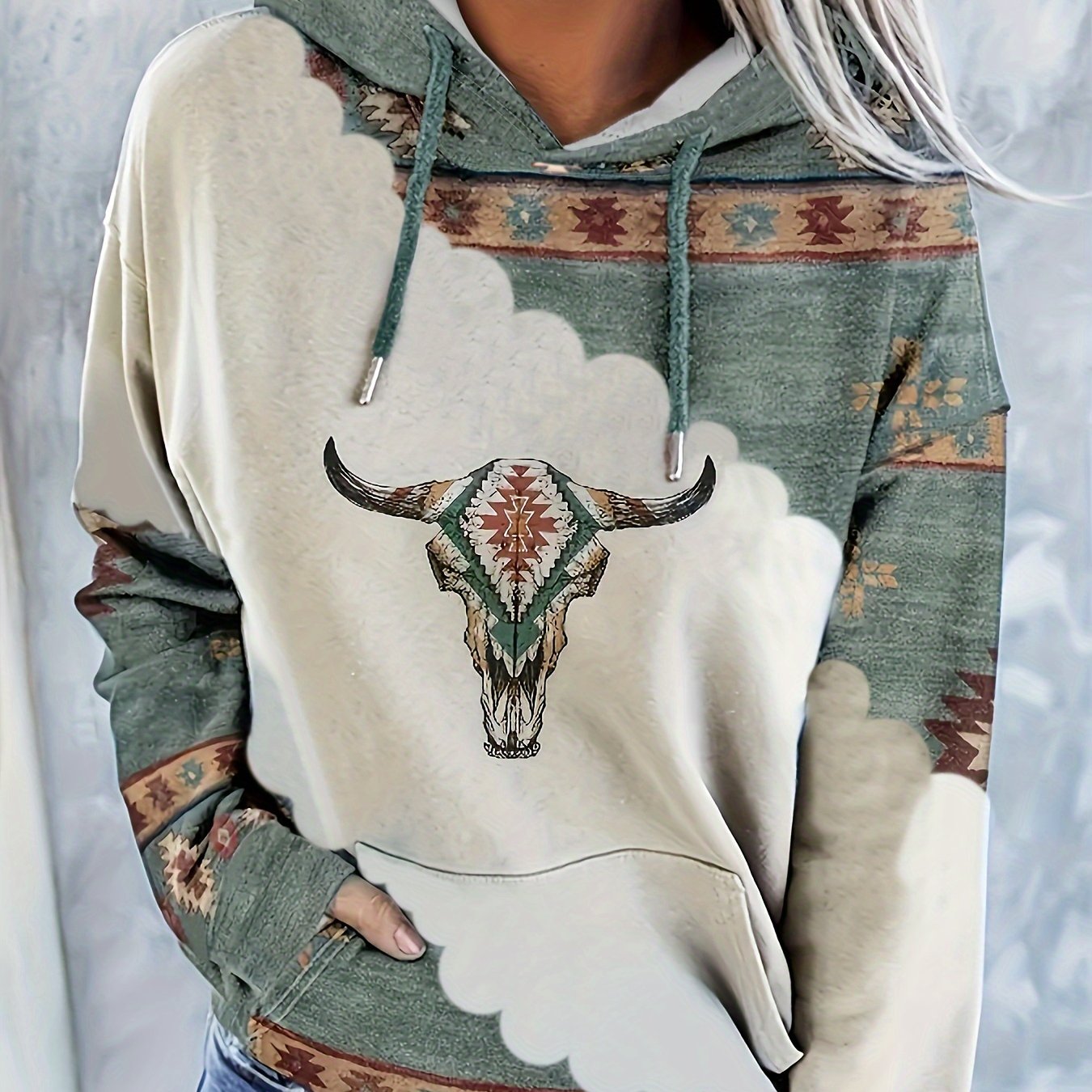 Women's Casual Western Bohemian Pullover Hoodie - Retro Ethnic Print Round Neck Sweatshirt with Adjustable Drawstring, Machine Washable All-Season Comfort, Cute Sweatshirts
