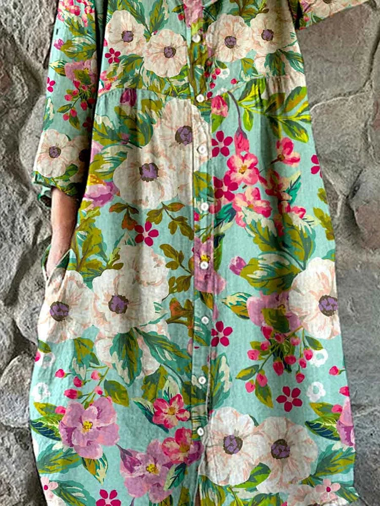 Women's Elegant Rose Floral Print Shirt Style Cotton and Linen Dress