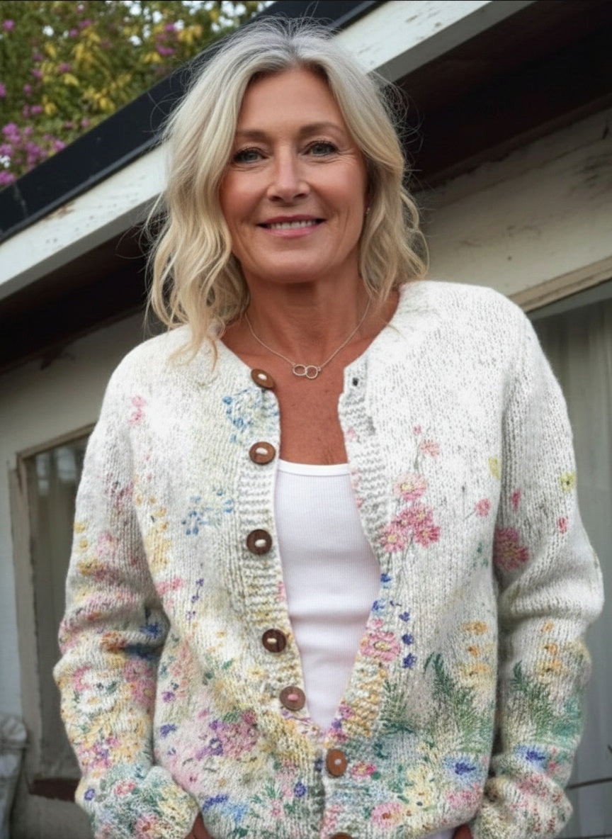 Vintage Flower Art Print Buttoned Cardigan Sweater